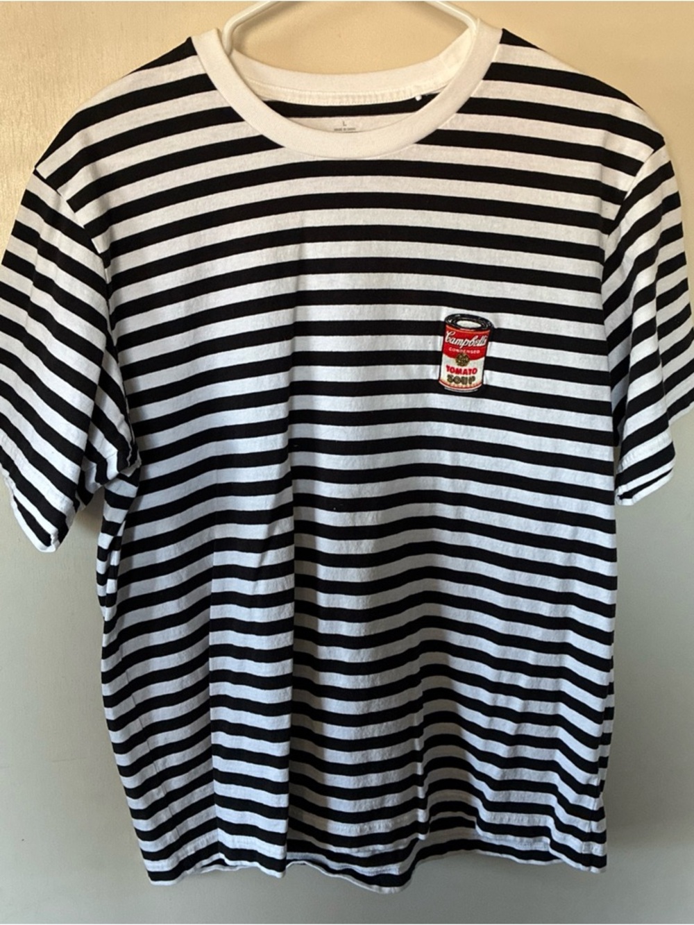 Sprz NY- Men’s Striped Black & White Tee with Campbell's Tomato Soup Patch Sz L